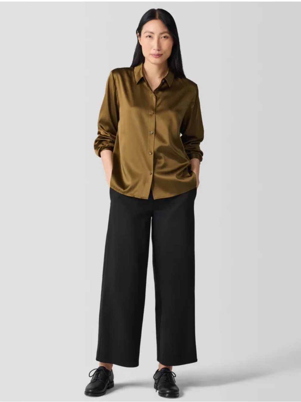 Eileen Fisher Liquid Gold Olive Bronze Leaf Stretch Silk Charmeuse Blouse Size M